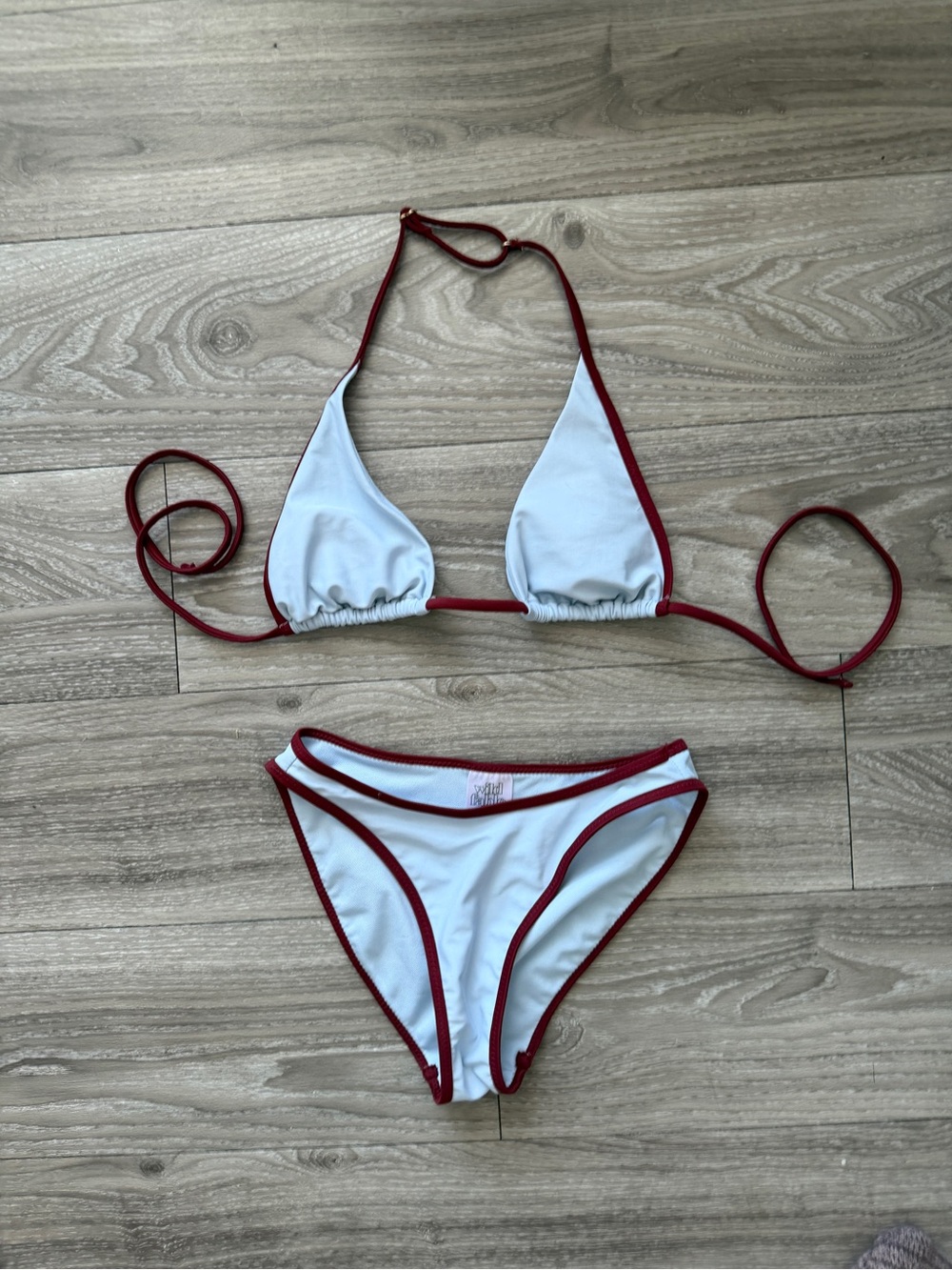 Classic baby blue Triangle Bikini with Red Trim - Women Swim